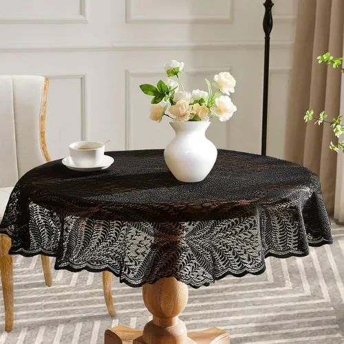 Miniatura 4 de Warm Home Designs Mantel de encaje dorado de lino, mantel redondo pequeño de 48 pulgadas de diámetro. Mantel floral, superposición rústica o mantel