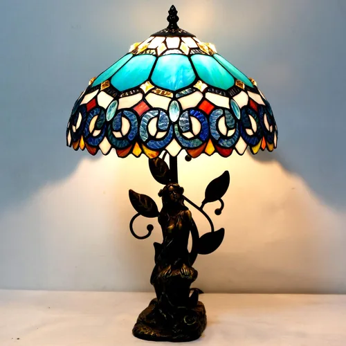 Miniatura 4 de Tiffany - Lámpara de mesa con vitrales, 12 x 12 x 18.5 pulgadas, escultura de resina, luz de lectura antigua (joyería azul barroco) Escultura
