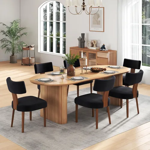 Miniatura 19 de Juego de mesa de comedor ovalada extensible de 59 a 90 pulgadas con 4 sillas de comedor con respaldo en T para 4 personas, moderna mesa de comedor