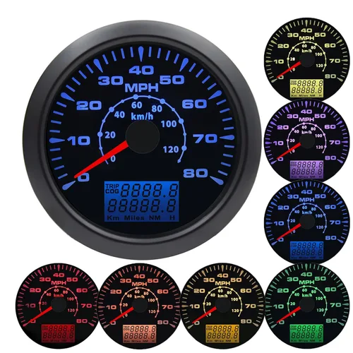 KAOLALI Velocímetro GPS de 85 mm 0-120 km/h 0-80 MPH Odómetro de velocidad con calibre de retroiluminación de 8 colores para motocicleta, coche,