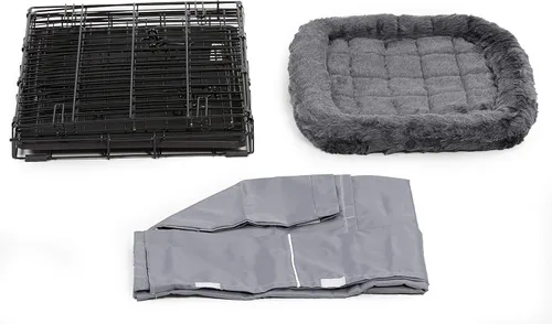 Miniatura 6 de MidWest Homes for Pets Kit de jaula para perros de doble puerta de 24 pulgadas, el paquete incluye una jaula de dos puertas, cama gris a juego