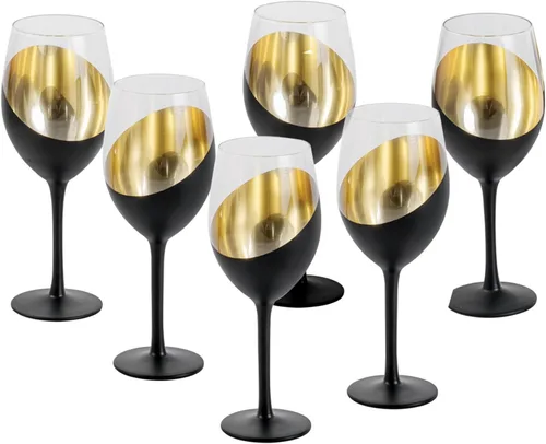 Miniatura 7 de MyGift Copas de vino modernas inclinadas de 14 onzas con tallo negro mate y dorado, diseño elegante en ángulo con copas de cristal de acento Latón