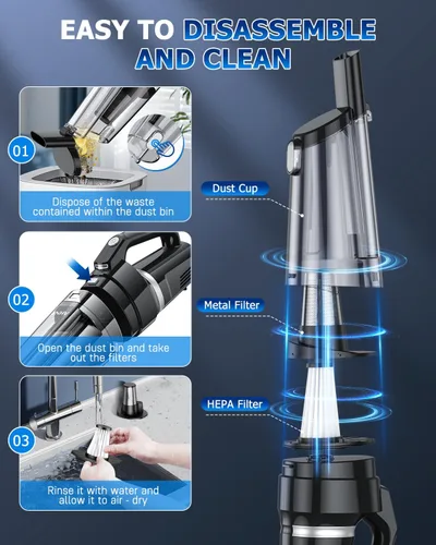 Miniatura 8 de AHNR Aspiradora de mano inalámbrica, 16000 PA potente succión de mano inalámbrica recargable con luz LED y 2 filtros HEPA, aspiradora portátil