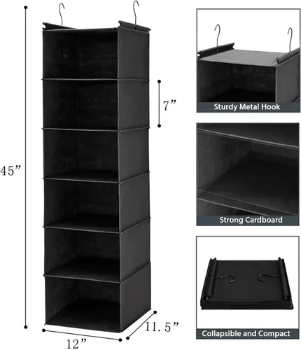 Miniatura 3 de MAX Houser Organizador colgante de armario de 6 niveles, estante colgante de armario con 2 ganchos resistentes para almacenamiento, plegable (negro)