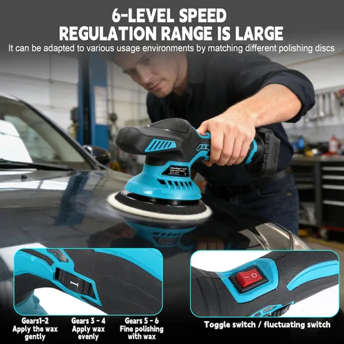 Miniatura 4 de Kit de pulidor inalámbrico para automóvil compatible con batería Makita de 18 V, amortiguador orbital de 6 pulgadas, ajustable de 6 velocidades