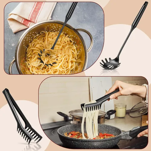 Miniatura 6 de Patelai Juego de cuchara de espagueti y pinzas para pasta, herramientas de servicio de fideos de mango largo con orificios de drenaje, agarre Negro