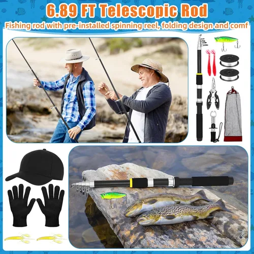 Miniatura 6 de Combo de caña de pescar telescópica y carrete de 2 piezas, kit de caña de pescar plegable con alicates para labios, señuelos, bolsa de transporte