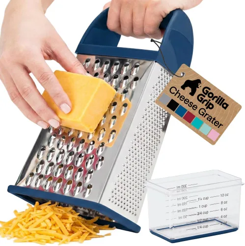 GORILLA GRIP Rallador de queso de 4 lados 100% libre de BPA con contenedor, ralladores de caja XL de acero inoxidable, triturador de parmesano, Azul