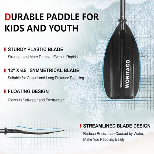 Miniatura 2 de Paletas de kayak para niños con eje de aluminio y hoja de polipropileno, remos flotantes de kayak para jóvenes y jóvenes, ajustables 64.2-72.0 Negro