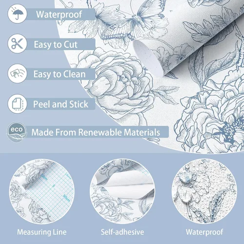 Miniatura 2 de Safiyya Papel tapiz floral para despegar y pegar, papel de contacto azul y blanco, papel tapiz bohemio para dormitorio, papel de pared de peonía