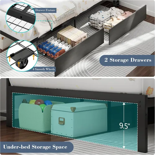 Miniatura 8 de Marco de cama de esquina tamaño twin con estante de almacenamiento y cabecero, cama de plataforma de esquina con luces LED y estación de carga, cama