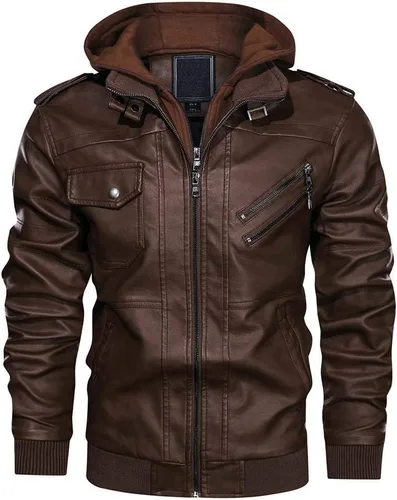 CRYSULLY - Chaqueta de piel para hombre, estilo vintage para otoño e invierno, con capucha extraíble, para motociclistas