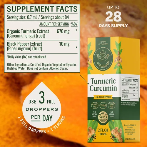 Miniatura 6 de HERBAMAMA Suplemento de curcumina de cúrcuma – Cúrcuma con pimienta negra – Vegano, sin OMG, sin alcohol y azúcar, suministro para 28 días