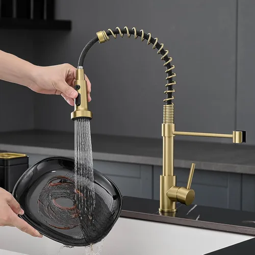 Miniatura 6 de Grifo de cocina dorado cepillado, AIMADI - Grifos de cocina con rociador desplegable, de una sola manija, de un solo orificio, grifo dorado