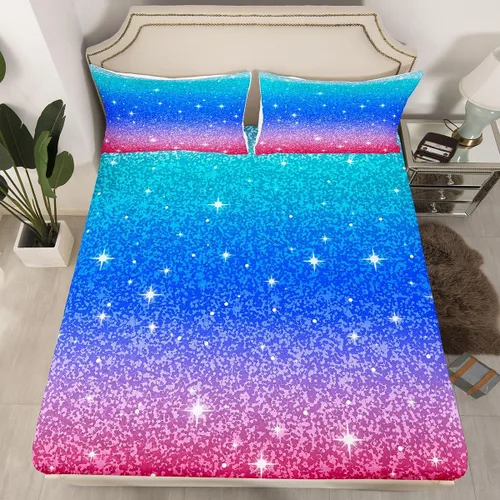 Miniatura 20 de Erosebridal Juego de ropa de cama de lentejuelas con purpurina y estrellas, sábanas de bolsillo profundo arcoíris y galaxia espacial, sábana bajera