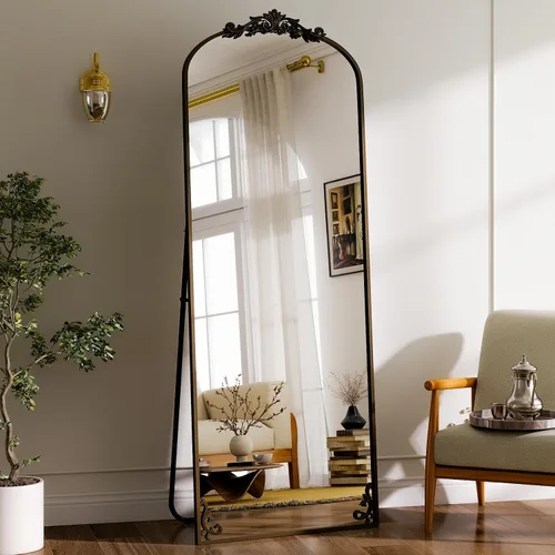 Miniatura 20 de GLSLAND Espejo Vintage - 72" x 44" Espejo de Cuerpo Completo Grande Tallado Arqueado con Marco de Metal Barroco Espejos de Cuerpo Completo para Negro