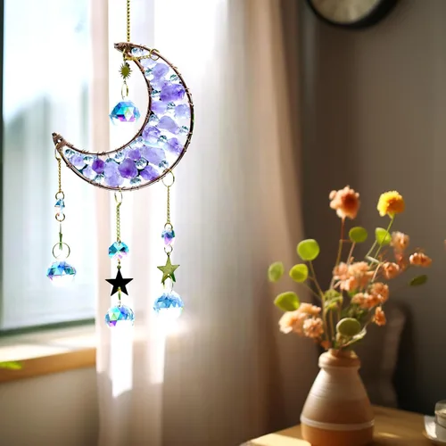 Miniatura 5 de Atrapasoles de luna de cristal de amatista con piedras curativas, bola de cristal colgante para ventana interior, decoración del hogar, dijes
