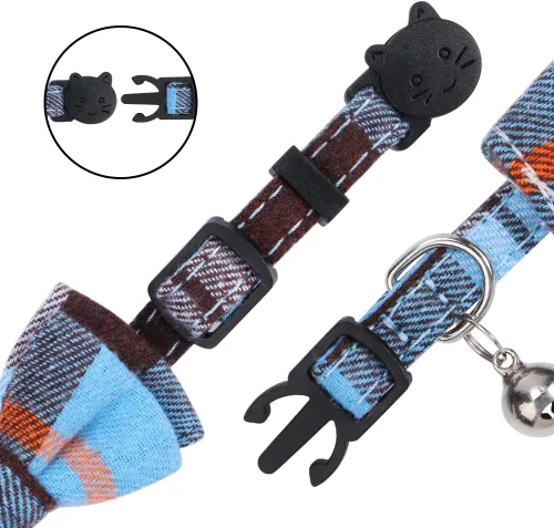 Miniatura 3 de Faleela Paquete de 2/Juego Collar para Gato con Corbata de Moño Linda y Campana, Collar de Camisa a Cuadros Separable para Gatito Ajustable