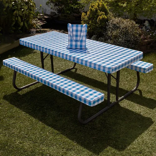 Miniatura 6 de Funda de mesa de picnic con fundas de banco, 500 GSM, reutilizable, de vinilo resistente, para exteriores, mantel de picnic impermeable con funda