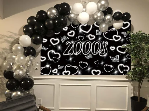 Miniatura 3 de Fondo de fotos de principios de la década de 2000 de 7 x 5 pies, fondo de corazón negro con purpurina Y2k, decoración de fiesta de moda temprana