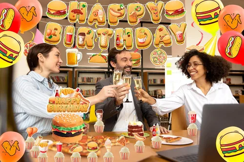 Miniatura 9 de Decoraciones de fiesta de comida rápida, papas fritas, pizza, hamburguesa, pollo frito, hot dog, suministros de fiesta, incluye pancarta