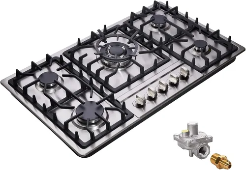 Cocina de gas de 34 pulgadas de acero inoxidable incorporada de 5 quemadores, estufa de gas LPG/NG convertible, cocina de gas de doble combustible,