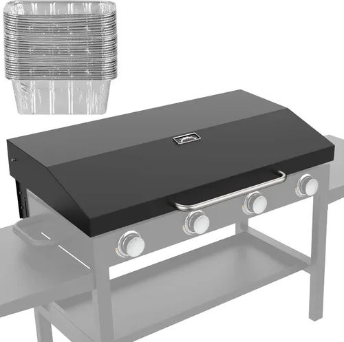 Blackstone - Tapa de parrilla con bisagras mejorada con termómetro y 30 forros para tazas de grasa