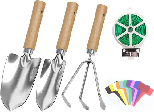 LeMotech Juego de herramientas de jardín, kit de 3 piezas de acero inoxidable resistente que incluye pala, transplantadora, cultivador, herramientas