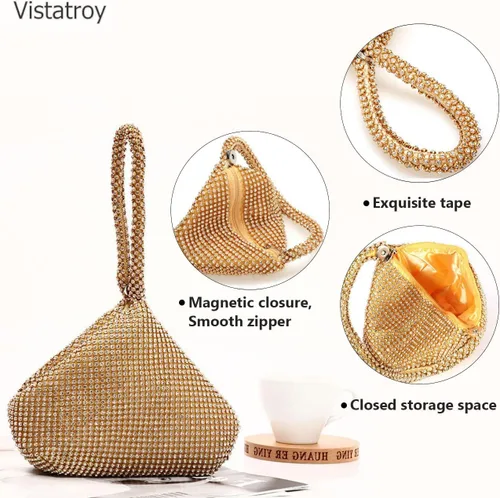 Miniatura 4 de Bolso de noche para mujer, con diamantes de imitación brillantes, triángulo, cadena de diseño, bolso de mano para fiesta, graduación, boda
