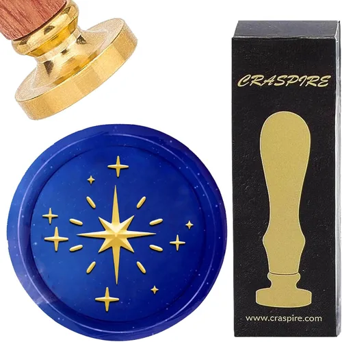 CRASPIRE Twinkle Stars - Sello de cera brillante de ocho puntas con estrella vintage extraíble de latón con mango de madera para sobres de boda,