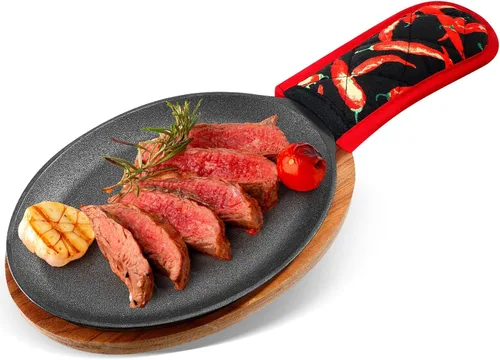 Lallisa 1 Set Platos para Fajita de Hierro Fundido con Bandeja de Madera, Protección Anti Quemadura y Guante Térmico, Set de Sartén de Hierro