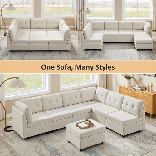 Miniatura 4 de VANOMi Sofá modular modular con otomana, sofás seccionales de 5 plazas para sala de estar, cómodo sofá nube de felpilla para sala de estar, Blanco