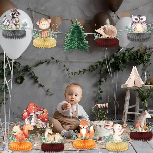 Miniatura 5 de Decoraciones de animales del bosque, decoración floral para baby shower, bosque, bosque de nido de abeja, centros de mesa 3D de criatura del bosque