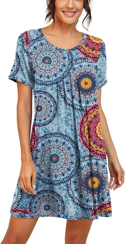 Miniatura 3 de PrinStory - Camisón de manga corta para mujer con plisado y cuello redondo