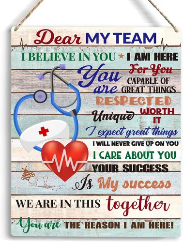 Dear My Team - Arte de regalo de enfermera, arte de pared para personal médico, letrero colgante de madera inspirador para oficina, 10 x 8 pulgadas