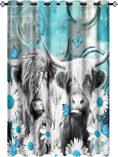 Miniatura 26 de Cortinas opacas con ojales de arte abstracto y moderno para dormitorio, diseño de grafiti de acuarela, margaritas geométricas, yak, mariposas