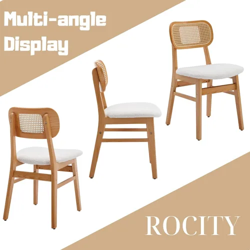 Miniatura 7 de ROCITY Juego de 4 sillas de comedor de ratán, sillas de comedor de lana de cordero blanca, sillas de cocina de madera natural, sillas de granja