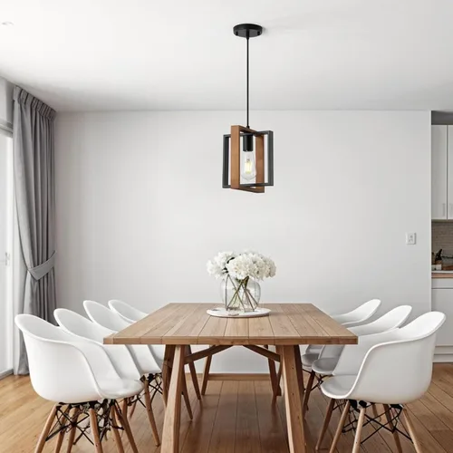Miniatura 6 de 9MMML Iluminación colgante industrial pequeña, lámpara colgante de cocina estilo granja con cable, madera+metal, 1 luz E26 para comedor dormitorio