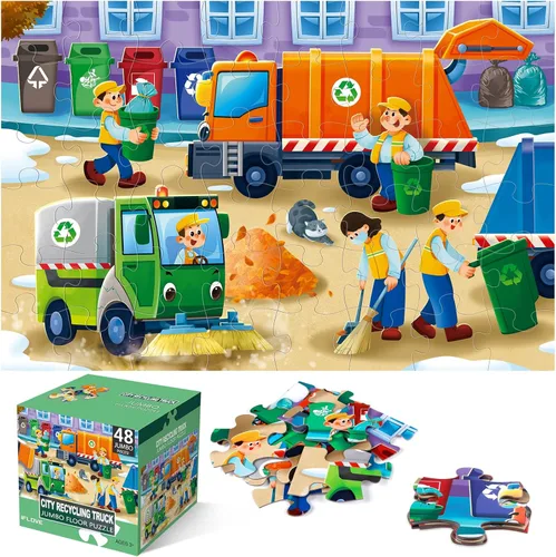 Miniatura 10 de Rompecabezas de piso jumbo para niños, rompecabezas grandes del sitio de construcción, rompecabezas de vehículos de construcción de 48 piezas