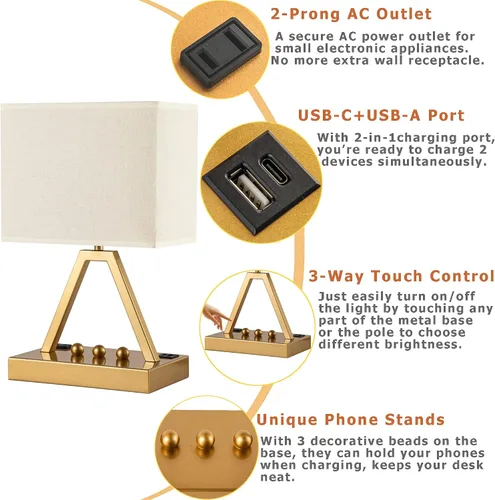 Miniatura 3 de Briever - Lámpara de mesa con control táctil, lámpara de escritorio regulable de 3 vías con USB C y USB A y tomacorriente AC, lámpara de noche