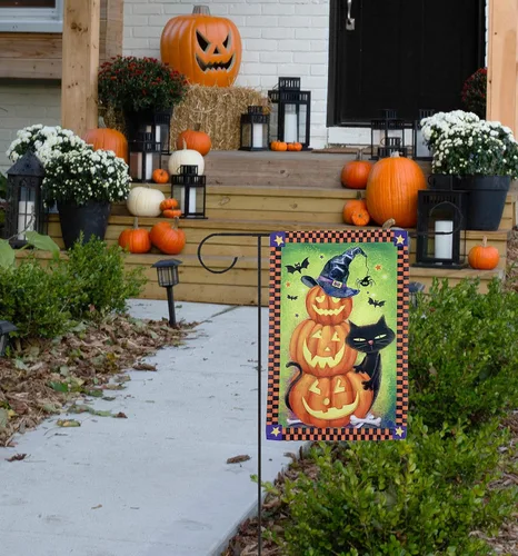 Miniatura 4 de Bandera de jardín de Halloween de calabazas de gato negro, 12 x 18 pulgadas, doble cara, decoraciones de Halloween, decoración del hogar, calabazas
