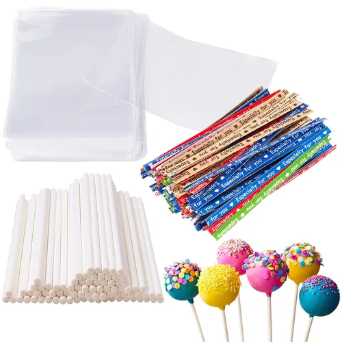Kit para hacer pasteles de 6 pulgadas, 100 palitos para tartas, 100 bolsas para tartas y 100 lazos multicolores, 300 paquetes de herramientas para