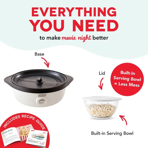 Miniatura 5 de DASH SmartStore™ Deluxe Máquina de palomitas de maíz con agitación, máquina eléctrica de palomitas de maíz con aceite caliente y tapa grande