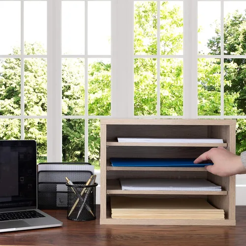 Miniatura 5 de AdirOffice Organizador de escritorio con estantes, estantes apilables de madera de 4 niveles, organizador de correo de archivos, almacenamiento