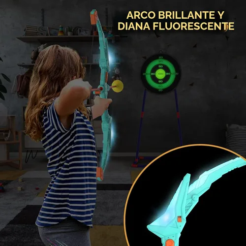 Miniatura 6 de Kmuxilal Paquete de 2 Arcos y Flechas para Niños con Luces LED Intermitentes, 14 Flechas con Ventosa y Diana de Pie Fluorescente - Juego de Tiro