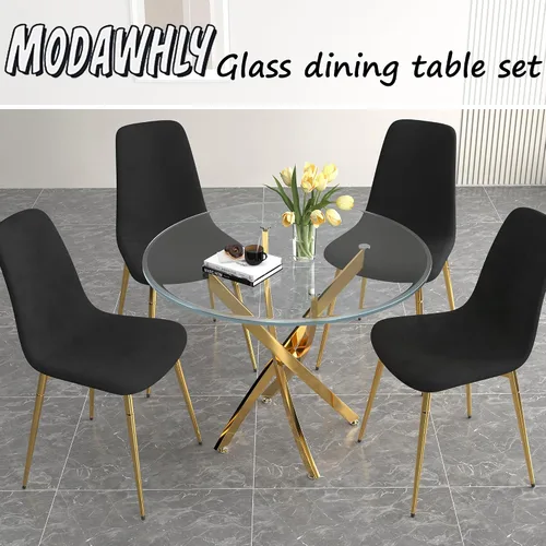 Miniatura 2 de Juego de mesa de comedor de cristal para 4, juego de mesa de cocina redonda dorada de 5 piezas con 4 sillas tapizadas negras, mesa de comedor