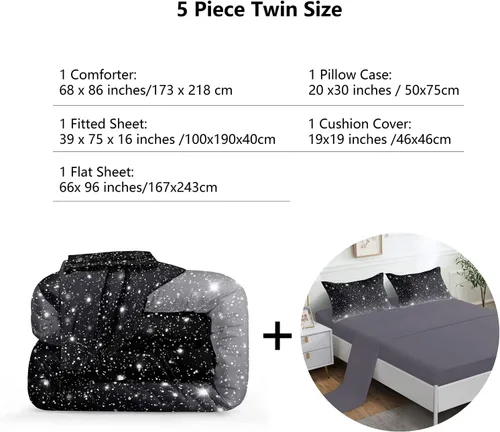 Miniatura 3 de ROWADALO DJTGB5001Twin - Juego de edredón de 5 piezas con purpurina gris y negro, tamaño individual, juego de ropa de cama de cielo estrellado