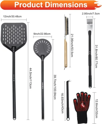 Miniatura 2 de 6 piezas de cáscara de torneado de pizza, cáscara de pizza perforada de 9 y 12 pulgadas, cepillo para pizza, rastrillo de cenizas, tenedor giratorio