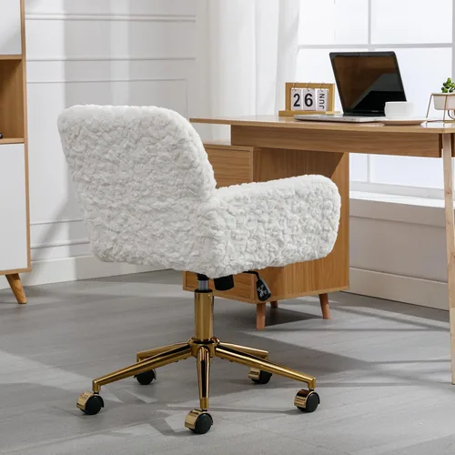 Miniatura 4 de SSLine Silla de escritorio de piel sintética, moderna y bonita silla de oficina, cómoda silla giratoria de tela de peluche mullida con ruedas