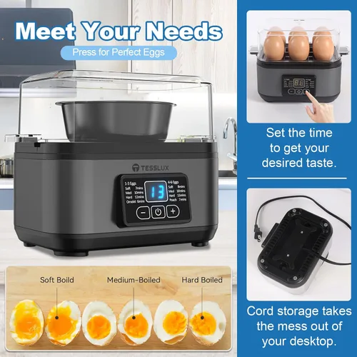 Miniatura 3 de Tesslux Cocedor Eléctrico Rápido de Huevos, Capacidad para 6 Huevos para Huevos Duros, Huevos Escalfados, Huevos Revueltos, o Fabricante de Gris